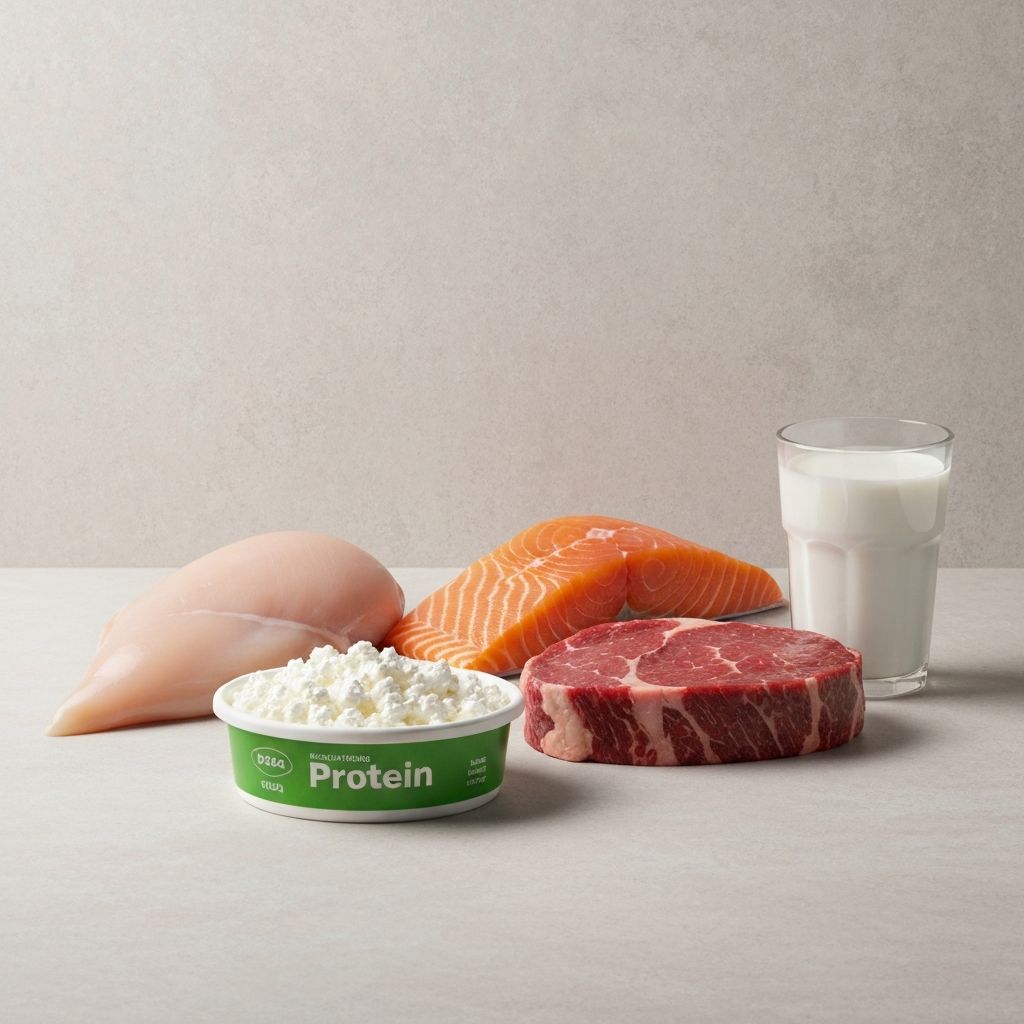 Studio photography of animal-derived protein sources including meat, fish, and dairy