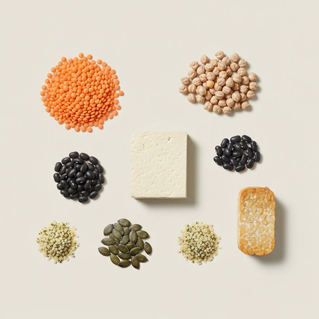Studio photography of plant-based protein sources including legumes, seeds, and grains