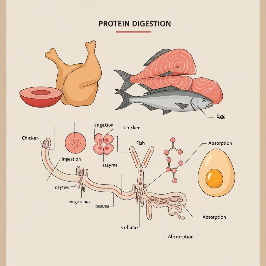 Scientific illustration of protein digestion from various food sources